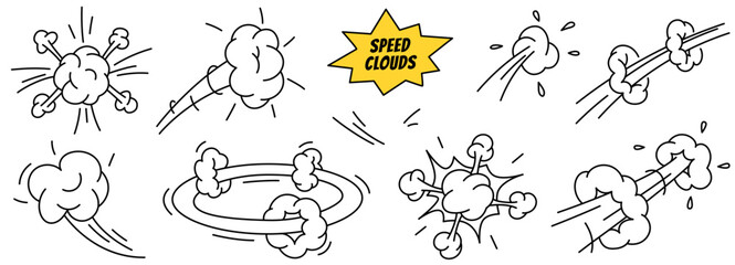 Obraz premium Doodle superhero comic effects. Clouds with speed lines showing motion, jumps, explosion. Hand drawn icon set in cartoon style. Vector illustration isolated on a white background.