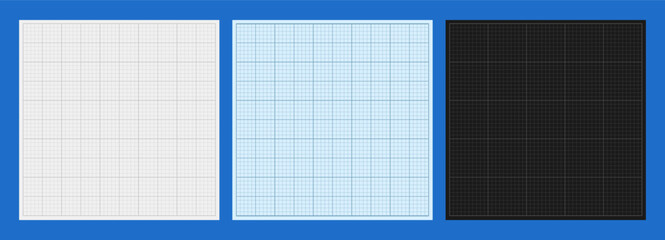 Blueprint grids. Metric graph paper set. Black, white, blue tech square bg. Blank millimeter sheets for technical drawing, engineering sketch, architectural design. Simple plaid vector illustration