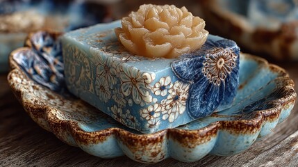 Ornate soap bar with flower decor on a matching ceramic dish