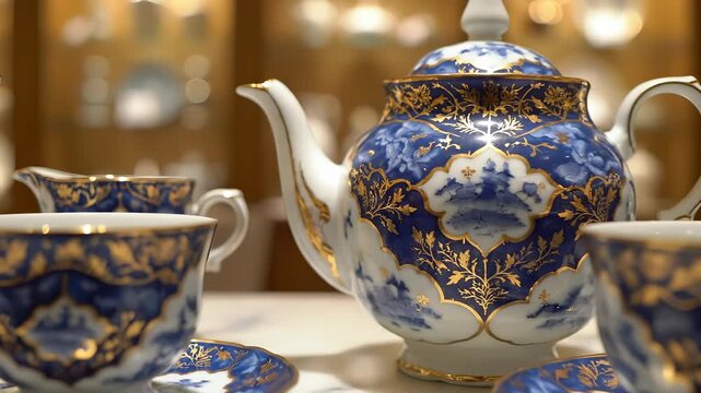 Elegant Porcelain Tea Set Displayed on a Marble Surface.