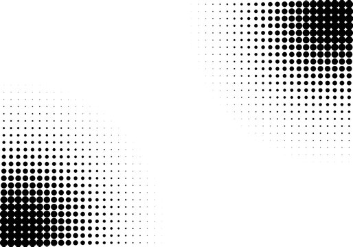 Abstract black halftone dot background with gradient fade, featuring modern dotted corner patterns.