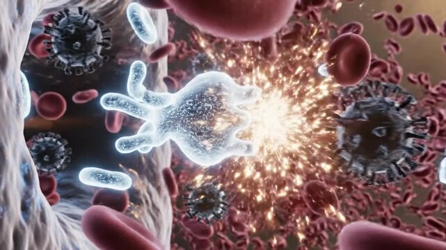 Ai generated generative visuals of microbial action in bloodstream scientific illustration animated environment close-up perspective