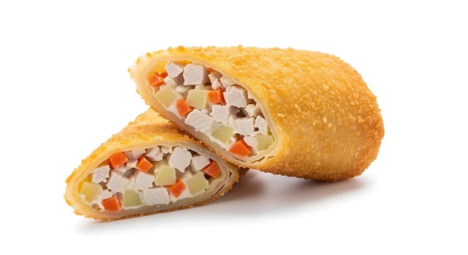 Delicious risol mayo cut in half revealing filling on white surface