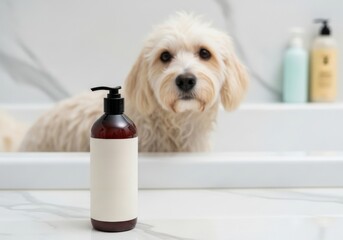 A glossy advertising photograph with a bottle of high-quality dog ​​shampoo in the foreground (no text on the bottle),. High quality photo