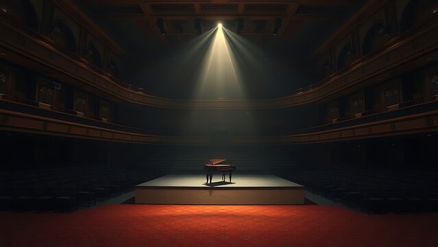 harpsichord. Empty historic concert hall with a single harpsichord on stage under spotlight. event programs, museum guides, designed for cultural heritage projects and event programs.