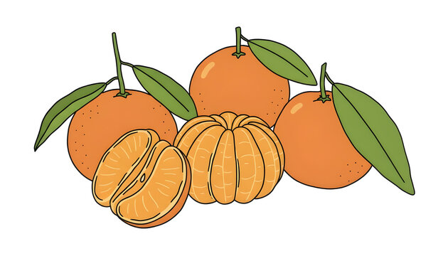 Several fresh whole and peeled mandarins with leaves are grouped together on a surface.