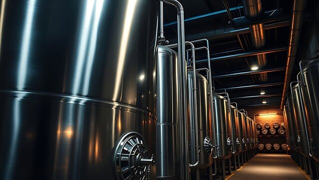 nepotism. A gleaming stainless steel fermenter with pipes in a dim cellar. bar promotions, beverage menus, packaging labels, designed for product packaging and bar promotions, used by photographers.