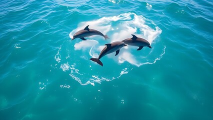 Naklejka premium unanimity. Three dolphins leaping together in clear blue ocean water under sunlight. wildlife magazines, conservation campaigns, designed for eco-tourism storytelling, supports conservation.