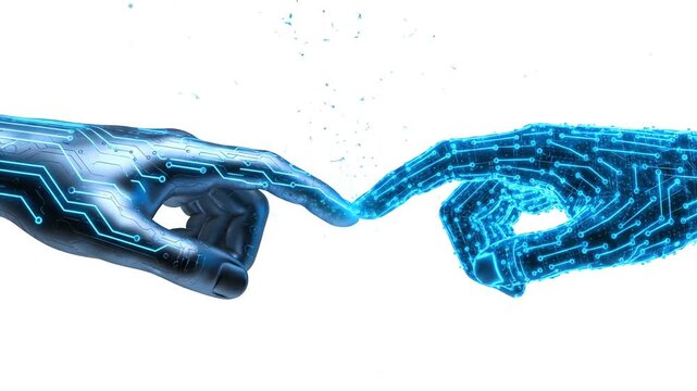 Glowing blue emoticon with a smiley face surrounded by digital interface elements on a dark surface with a futuristic ambiance.