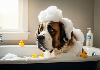 A large, depressed-looking dog (similar to a St. Bernard) sits in a bathtub, covered in a crown of shampoo foam, comical expression, sideways glance. High quality photo