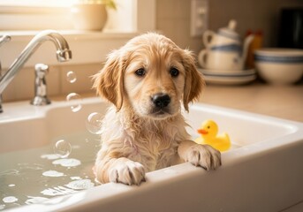 A small, curious puppy takes his first bath in the kitchen sink,. High quality photo