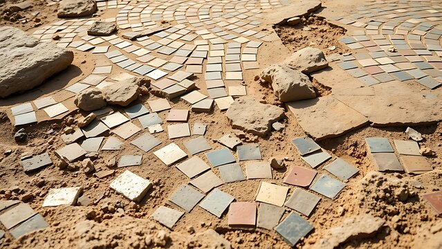 domus. Close-up of ancient mosaic floor with geometric patterns, archaeological texture. event programs, museum guides, designed for cultural heritage projects and event programs.