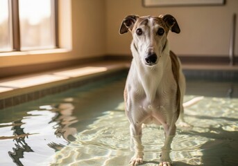 A dignified old Greyhound standing patiently in a shallow pool for a therapeutic hydrotherapy session. . High quality photo