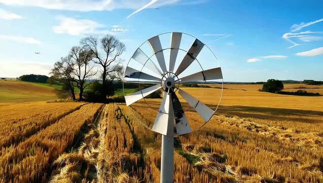 Golden Rural Field With A Windmill Under Blue Sky.