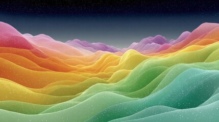 Abstract landscape of colorful, undulating waves under a starry sky