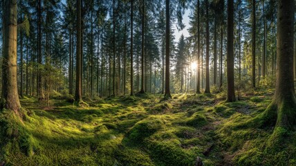 Obraz premium Sunlit Forest Glade with Mossy Ground Cover, Tall Trees, and Early Morning Light