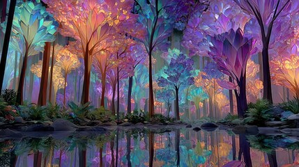 Enchanted Forest Landscape with Vibrant Colors and Reflections