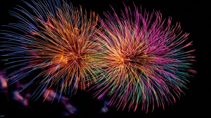Obraz premium Vibrant Fireworks Display Bursting in the Night Sky: Celebration, Festivity, and New Year's Eve Imagery