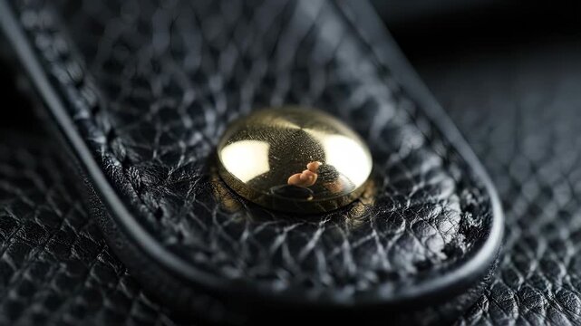 Close-up of a gold stud on black leather.