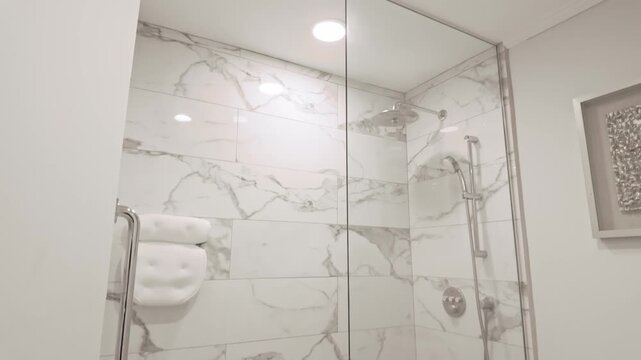 close-up of a walk-in glass shower with white marble tiles and rain shower head