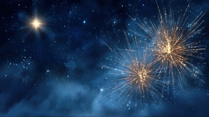 Fototapeta premium Festive night sky with bright fireworks and stars illuminating the dark blue sky backdrop