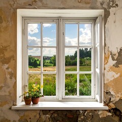 Obraz premium Weathered window frames a scenic view of fields, trees, and sky. A potted flower sits on sill