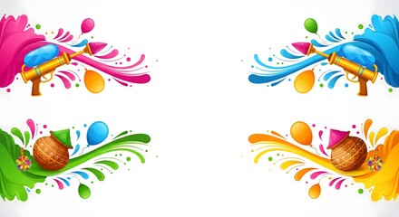 Colorful Holi Festival Design Elements with Paint Splashes, Gulal Powder and Traditional Pots, Indian Festival of Colours Decorative Set, Vibrant Spring Celebration Artwork