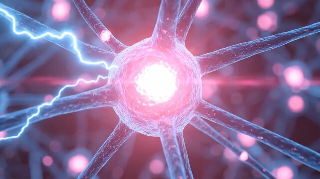 A conceptual 3d rendering captures a vibrant magenta neuron firing a blue electrical impulse within a dark, intricate neurological network.