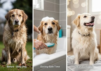 A series of 3 images in one frame: a dirty dog, during a bath, a clean fluffy dog. High quality photo