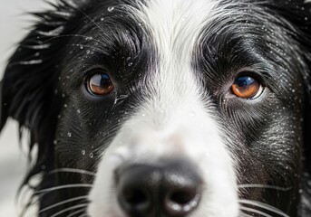 Intense close-up portrait of a Border Collie dog with striking amber eyes, featuring a dramatic selective color effect on a dark, moody background. High quality photo