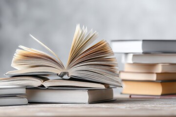 Fototapeta premium Stack of Books with Open Book on Top for Education, Literature, and Learning Concepts