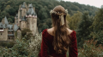 Naklejka premium Woman in Medieval Dress Gazing at a Fairytale Castle Amidst Lush Greenery and Vintage Charm
