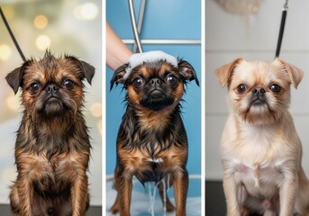 A series of 3 images in one frame: a dirty dog, during a bath, a clean fluffy dog. High quality photo