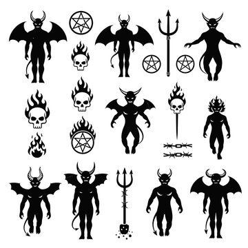 Stunning collection of dark silhouette icons featuring devils demons pentagrams and flaming skulls for edgy design projects