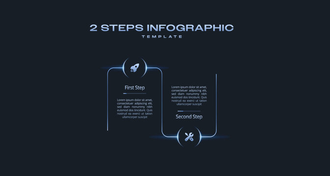 Vector Circular Steps Dark Neon Gradient Infographic Template with Icons, 2 Step Horizontal Process Timeline, Progress Diagram for Presentation, Workflow, Banner, and Flowchart Layout
