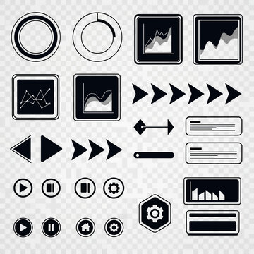 Essential collection of modern black and white interface icons covering data charts media controls and navigation arrows