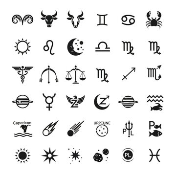 Stunning collection of black and white glyphs representing all twelve zodiac signs and astrology symbols