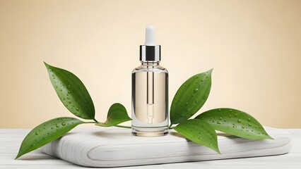 Natural Skincare Serum Dropper Bottle with Green Leaves