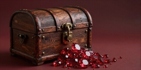 An antique wooden chest locked shut, with vivid red gemstones spilling beside it - symbolizing guarded potential, earned rewards, and the moment before revelation or sharing.