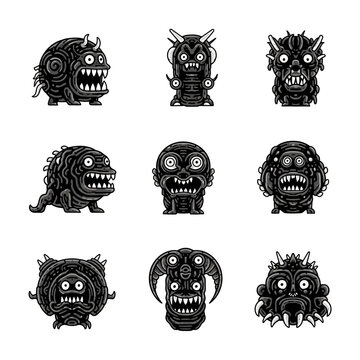 Collection of nine stylized dark monster icons featuring sharp teeth and intense expressions perfect for gaming or edgy design