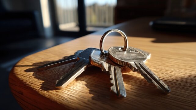 Three Metal Keys on a Wooden Surface with Natural Light and Shadow Play, Symbolizing Security