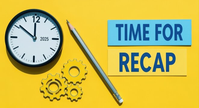 Time for Recap: Clock, Pencil, and Gears on Yellow Background, Conceptual Business Review