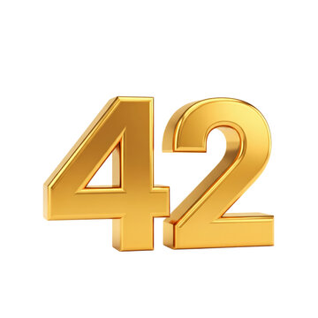 Golden 3 D Number 42 with Reflective Surface on Black Background metallic