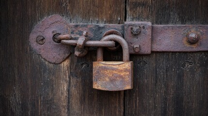 plurality. Rusted iron hasp and padlock secured to an old wooden warehouse door. real-estate listings, architecture portfolios, designed for real-estate listing and luxury residence showcases.
