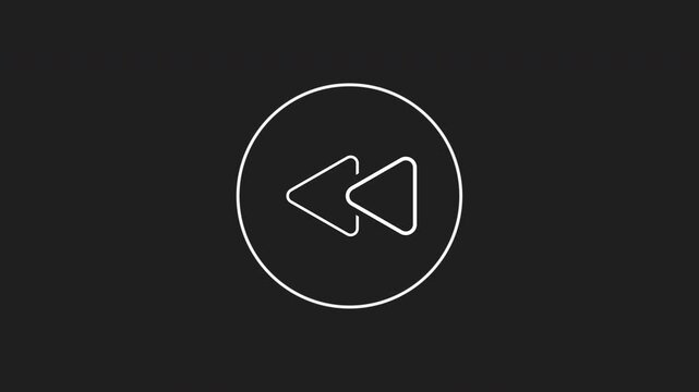 Rewind button in white circle on black, perfect for multimedia design, video editing concepts, retro themes, and music playlists.