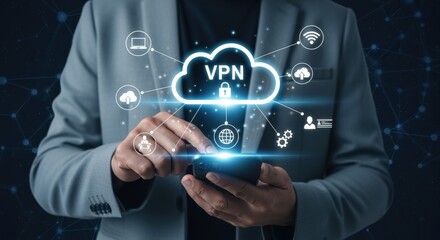 Fototapeta premium VPN Connection Displayed by a Person Pointing at a Phone Representing Secure Network Access