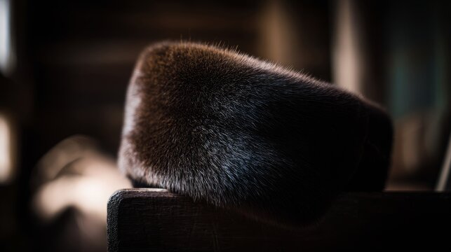 bearskin. Deep brown bearskin ushanka hat resting on a dark wooden coat rack. wildlife magazines, conservation campaigns, designed for wildlife conservation campaigns and eco-tourism storytelling.
