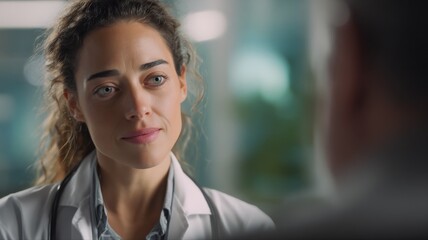 Naklejka premium Dedicated Female Doctor Listens Attentively to Patient During Consultation in Modern Clinic Setting