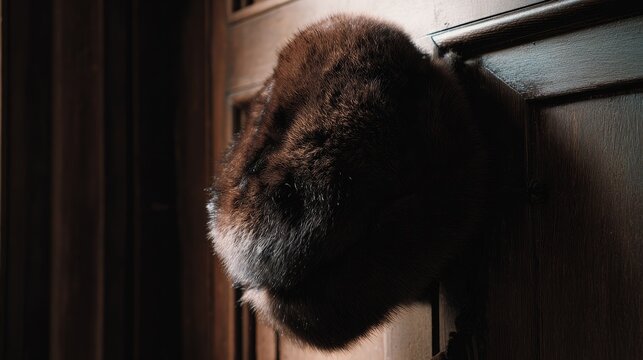 bearskin. Deep brown bearskin ushanka hat resting on a dark wooden coat rack. wildlife magazines, conservation campaigns, designed for wildlife conservation campaigns and eco-tourism storytelling.
