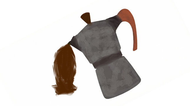 Hand-painted moka pot coffee maker in gray tones with brown hair-like flowing handle and orange accents, tilted playfully on white background, evoking Dominican or Latin coffee culture.
